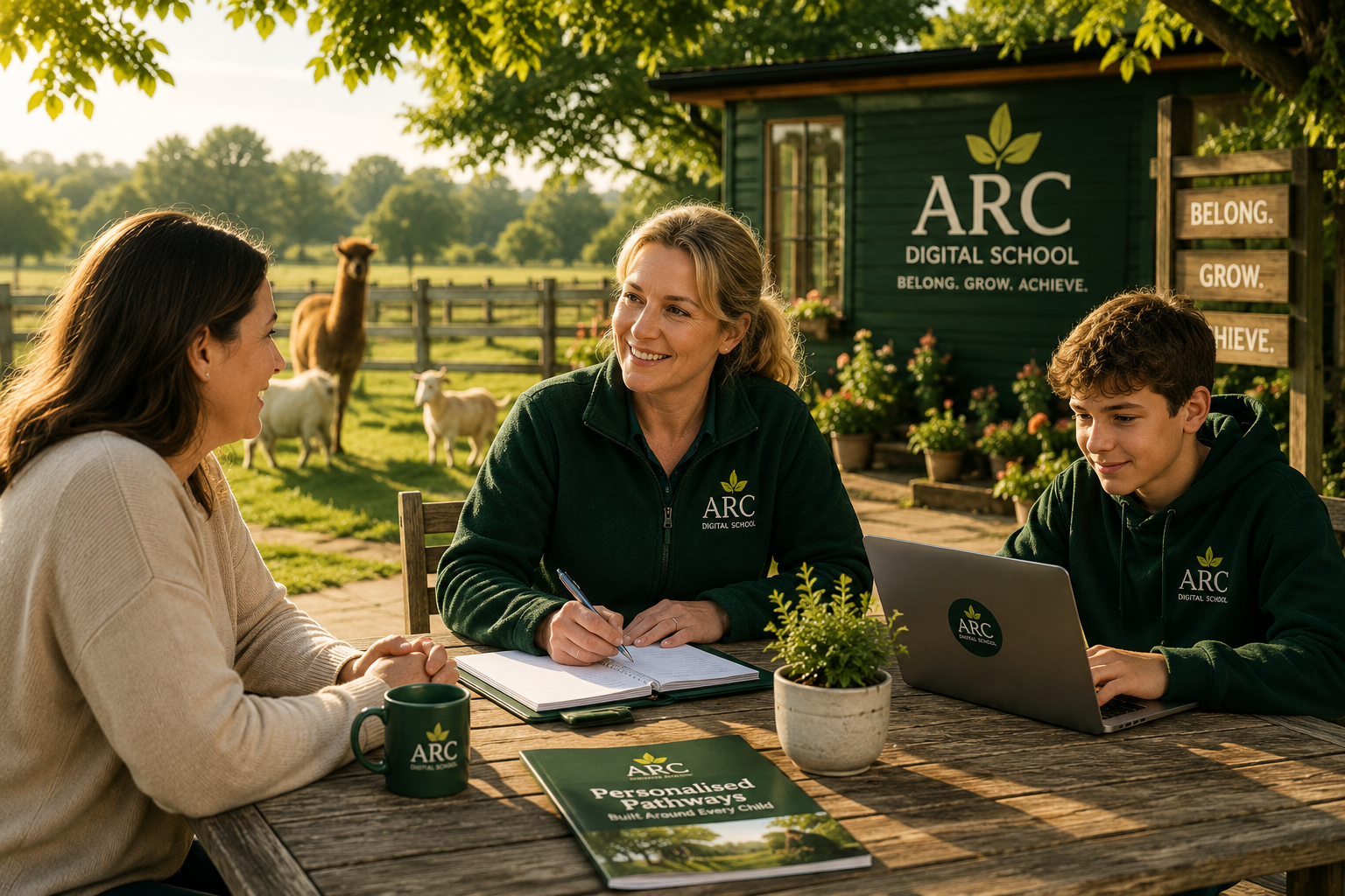 A parent, pupil and ARC Digital School staff member discussing a personalised education placement
