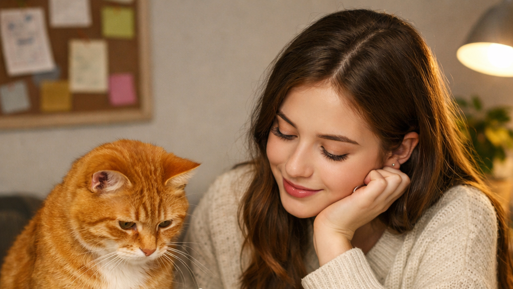 girl studying with cat